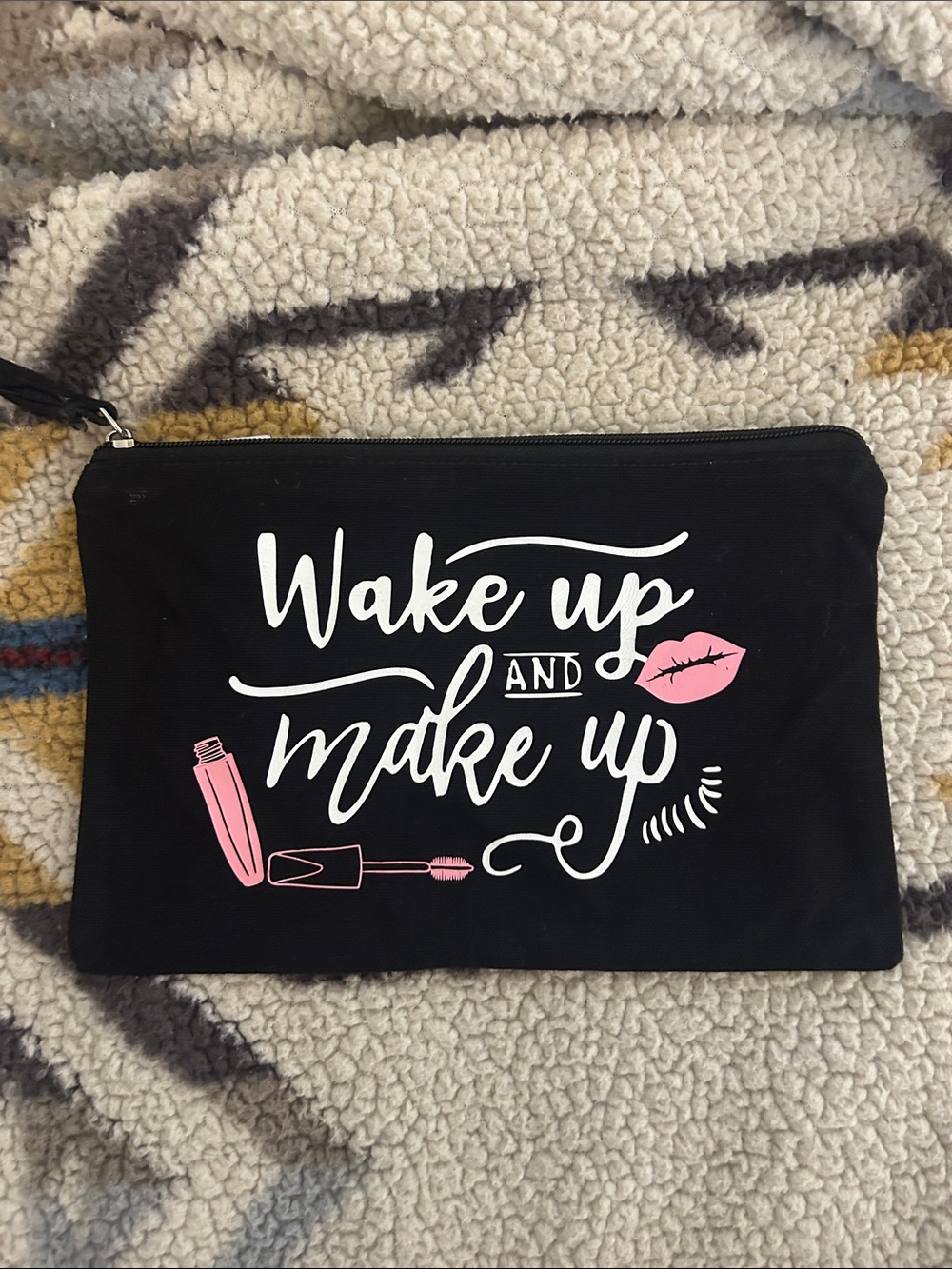 Wake Up and Make Up Makeup Bag - Black with Pink & White Graphic